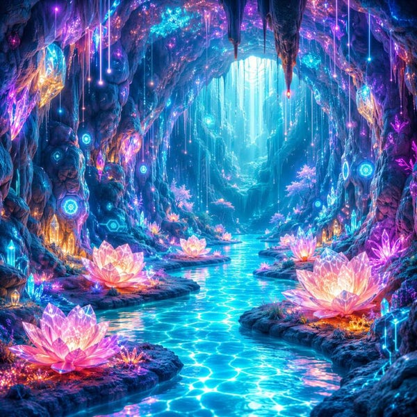 Crystal Lotus Cave – magische grot met lotusbloemen schilderij