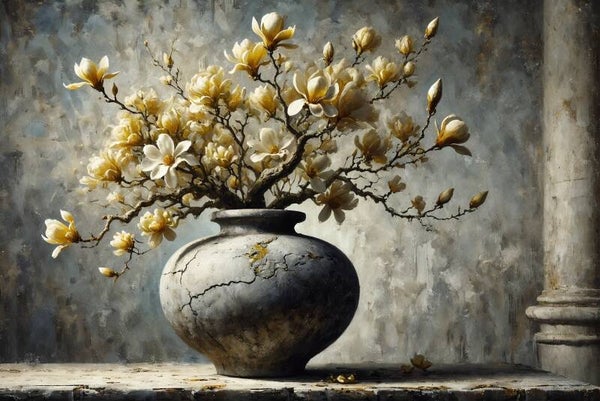 Magnolia Stilte – klassiek bloemenschilderij met verweerde vaas