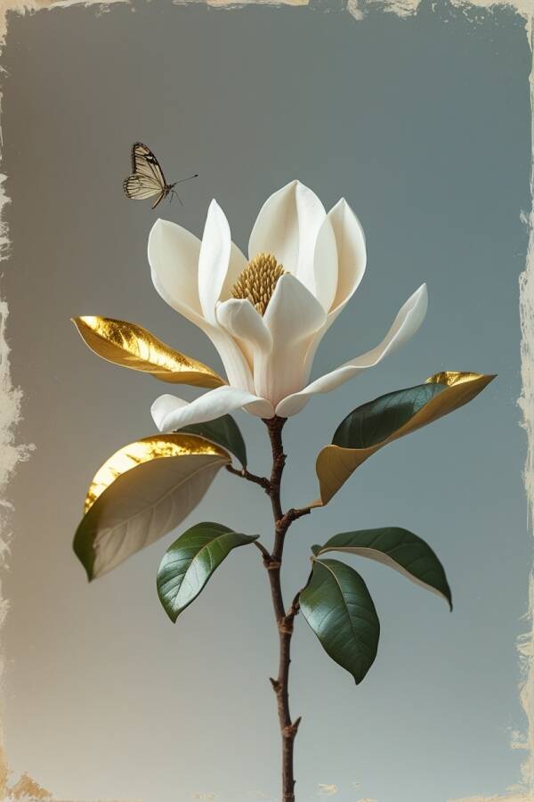 Zwevende Glans – schilderij magnolia met vlinder en gouden bladeren