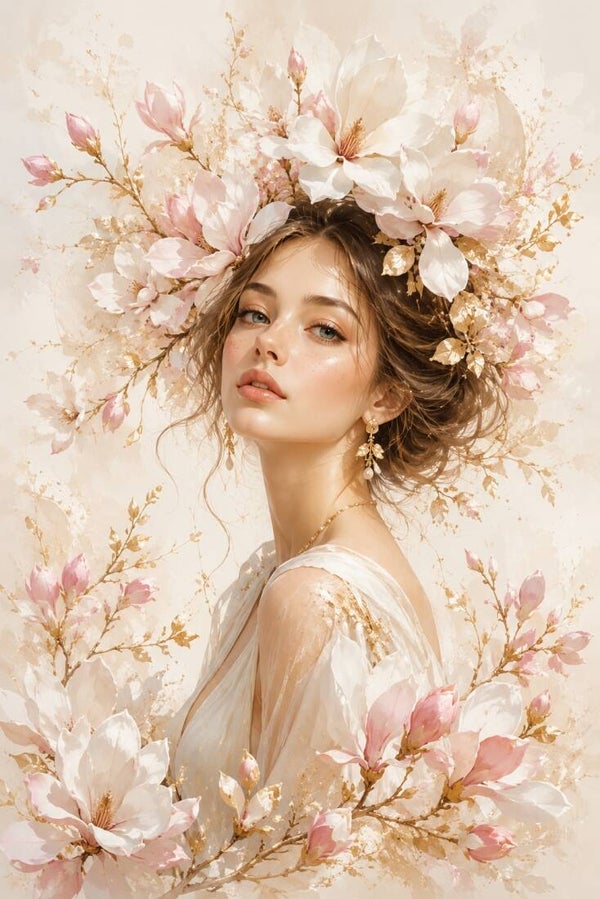 Magnolia Romance – romantisch vrouw schilderij met magnoliabloesem