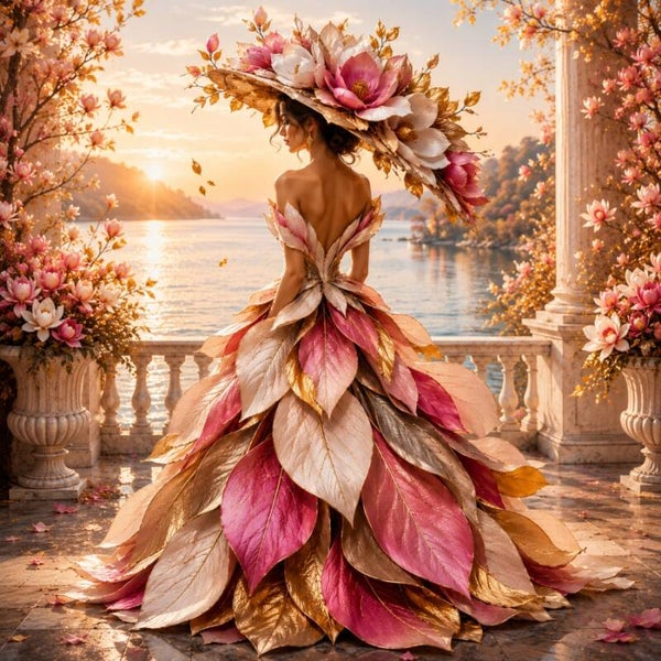 Magnolia Royale – romantisch schilderij met bladerjurk en magnoliahoed