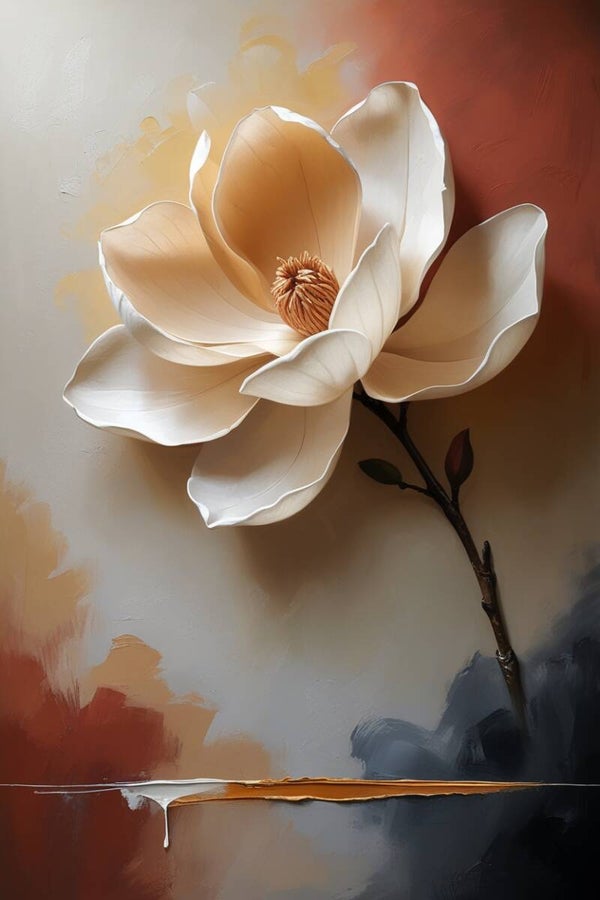 Fluwelen Ochtend – schilderij met witte magnoliabloem en warme tinten