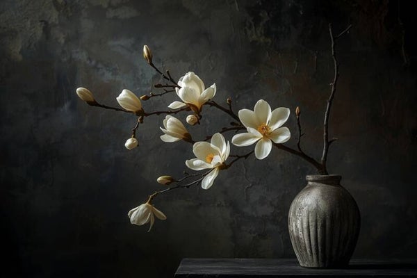 Magnolia in Stilte – schilderij met tak en verweerde vaas