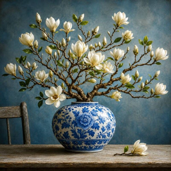 Magnolia van Delft – Delfts blauw bloemenkunstwerk met magnoliatak