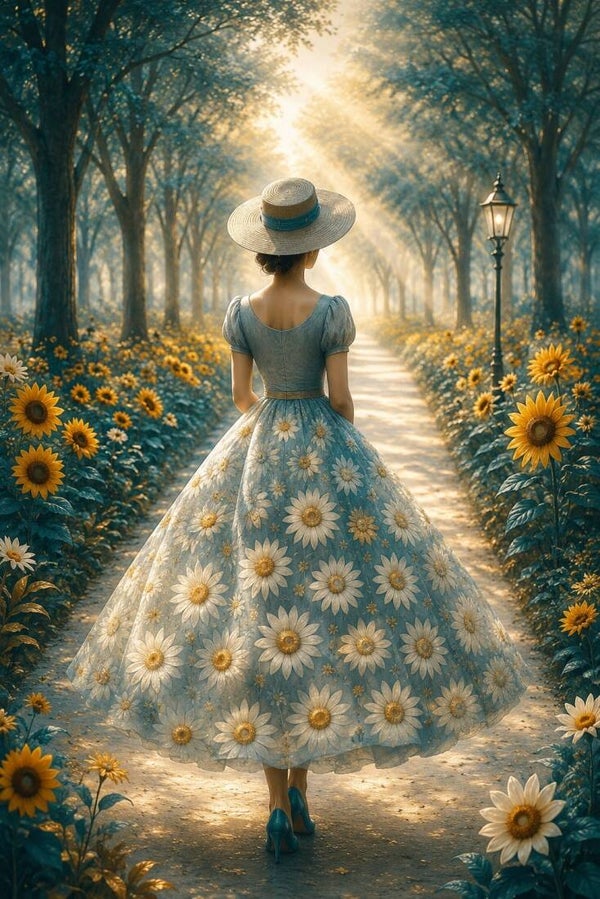 Margrietendroom – schilderij vrouw in bloemenjurk
