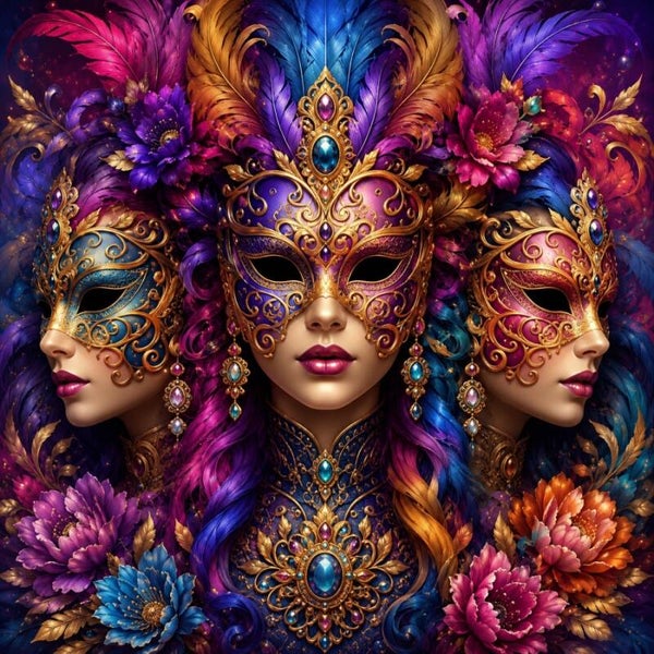 Maskers van de Ziel – kleurrijk vrouw schilderij met Venetiaanse maskers