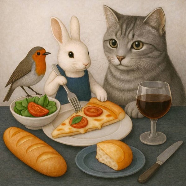 Mediterrane avond – schilderij pizza, brood en wijn met dieren