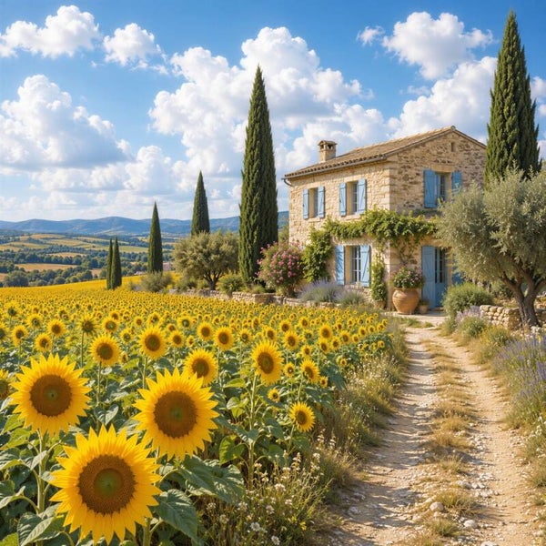 Het Provençaalse Zonnebloemveld – landschap met zonnebloemen en natuurstenen boerderij