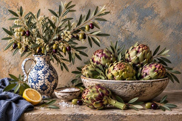 Mediterrane Oogst – artisjokken, olijven en Delfts blauwe vaas