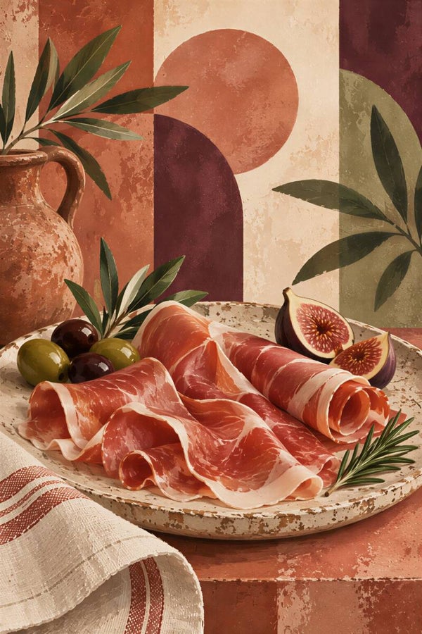 Mediterrane Tafel – culinaire wanddecoratie met ham, vijgen en olijven