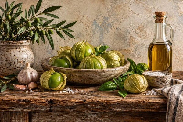 Mediterrane Tafeloogst – landelijk schilderij met physalis, olijfolie en kruiden