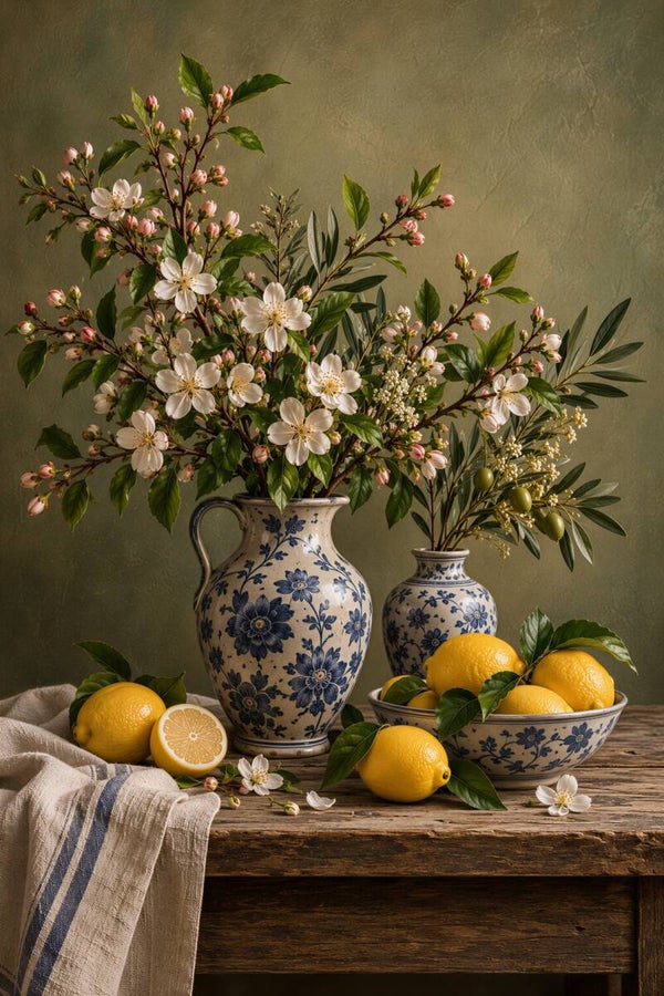 Mediterranean Blossom – citroenen, bloesem en blauw-witte vazen