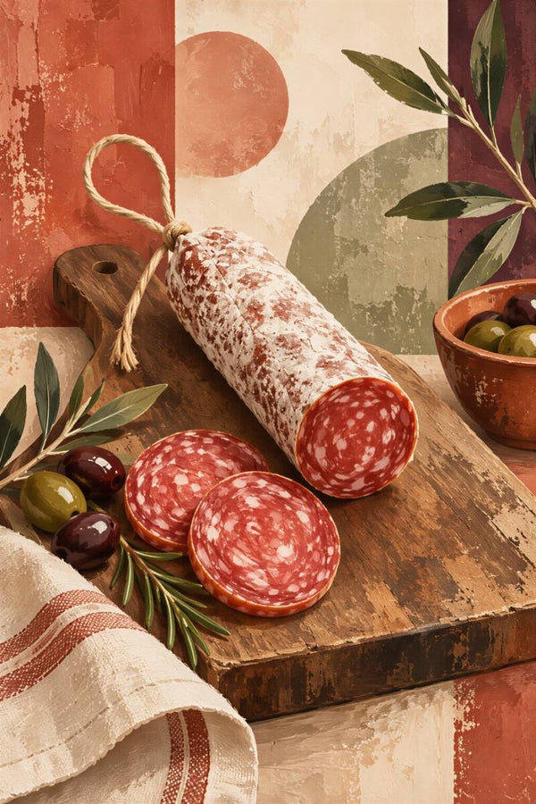 Mediterranean Table – abstract keuken schilderij met salami en olijven