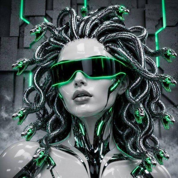Emerald Medusa – futuristische vrouw met robotslangen schilderij