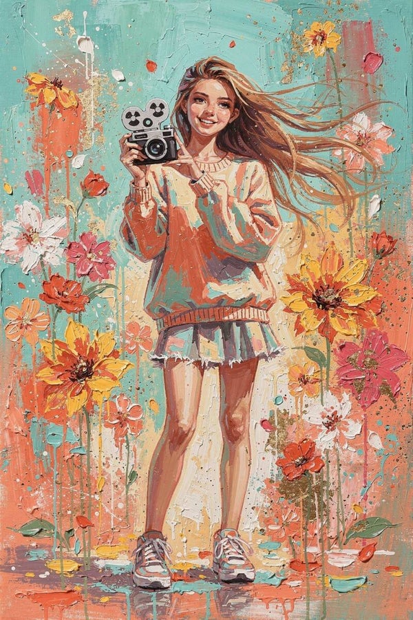 Color Capture – meidenkamer schilderij meisje met camera kleurrijke bloemen