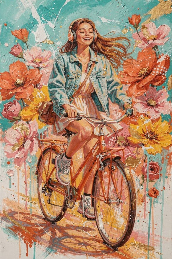 Ride the Color – meidenkamer schilderij meisje op fiets met koptelefoon en bloemen