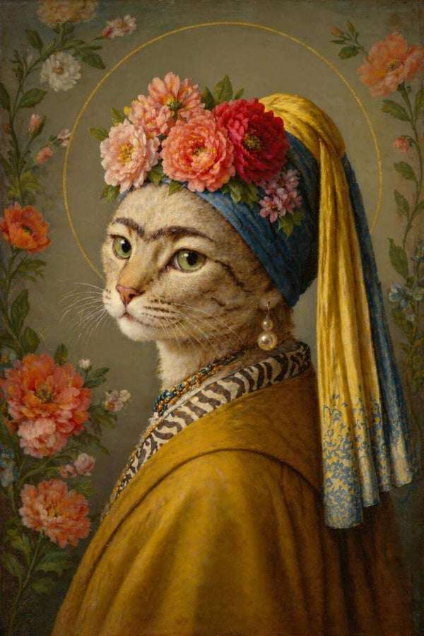 Parelkat in Bloemkrans – meisje met de parel schilderij kat met bloemen