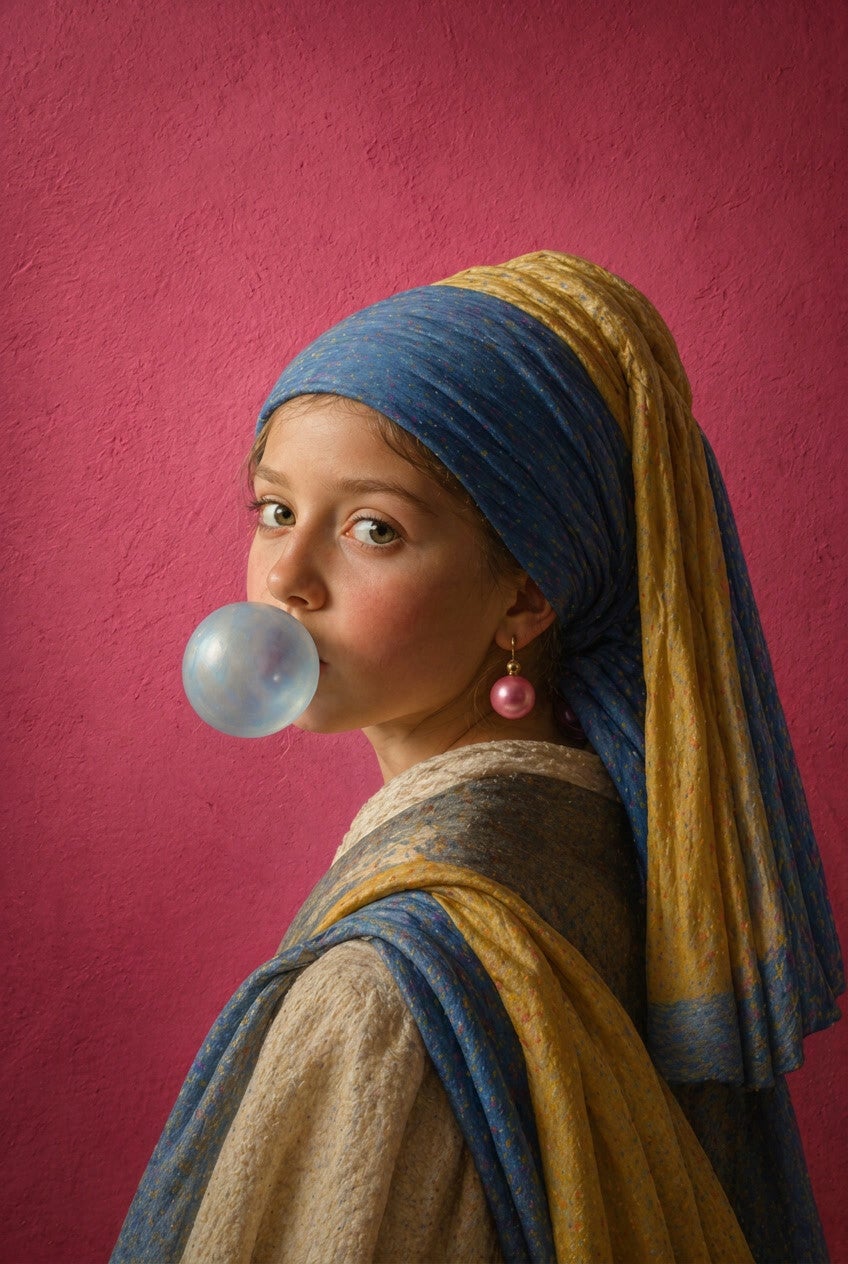 Roze Stilte – nieuwe meesters schilderij met Vermeer knipoog