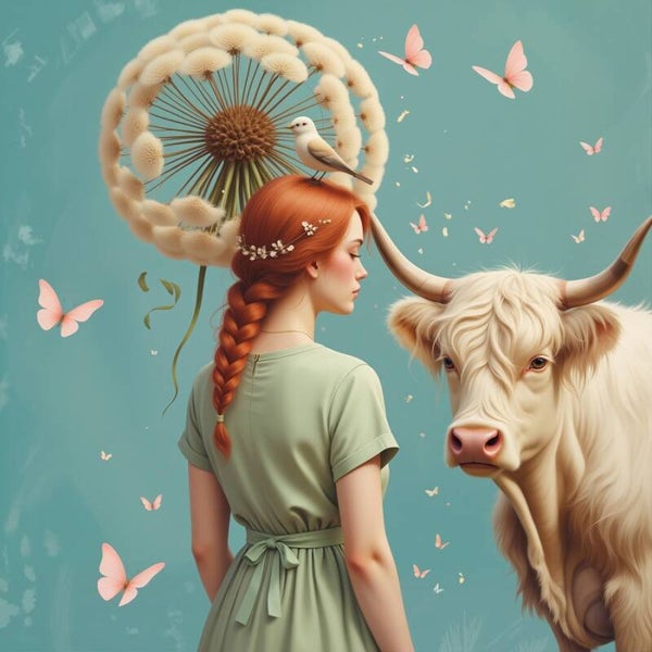 Zomerdroom in Pluislicht – meisje met hooglander en roze vlinders