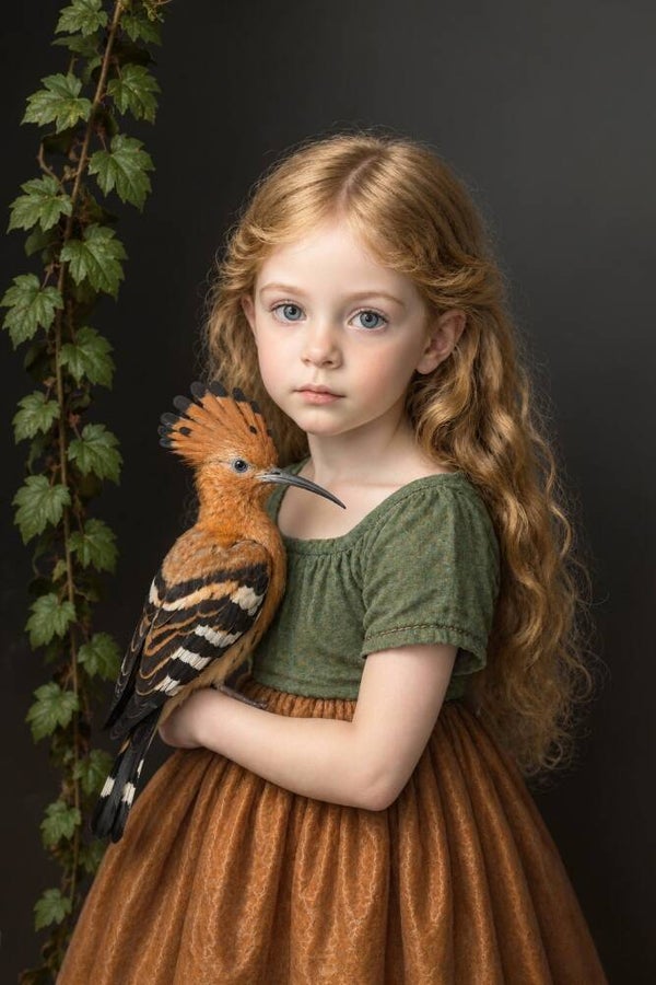 De Wachter van de Vleugels – meisje met hopvogel schilderij