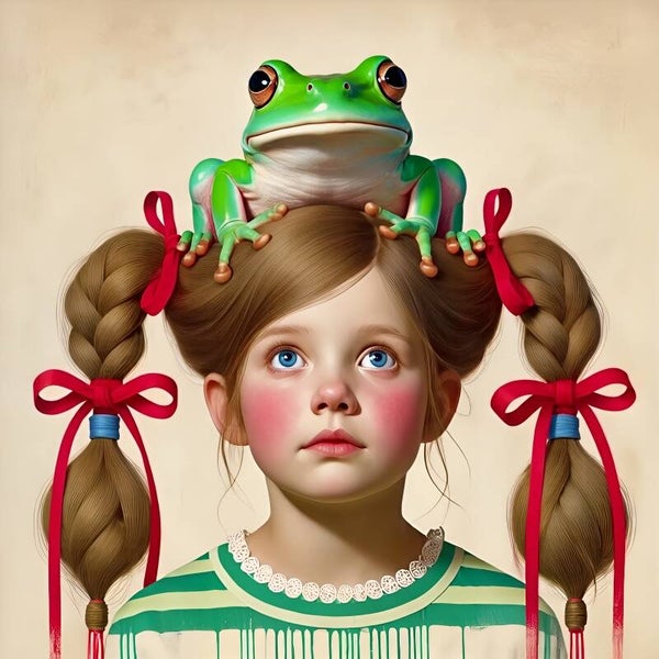 Meisje met kikker – groen blauw sprookjes schilderij