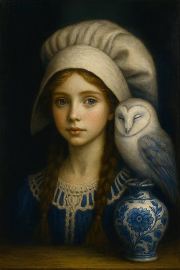 Meisje in Stilte – Delfts blauw kunstwerk met uil