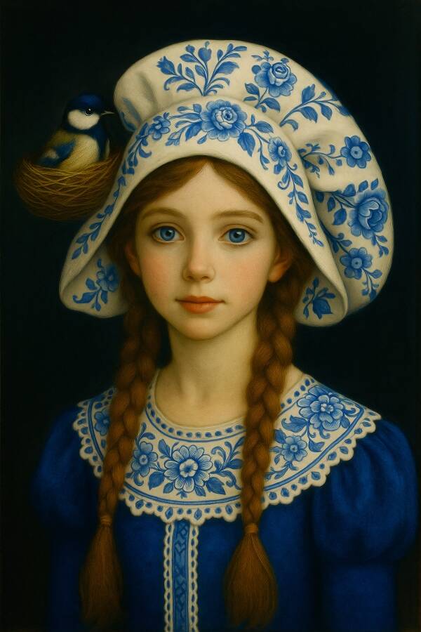 Nest van Vertrouwen – Oude meesterstijl schilderij met koolmees en meisje