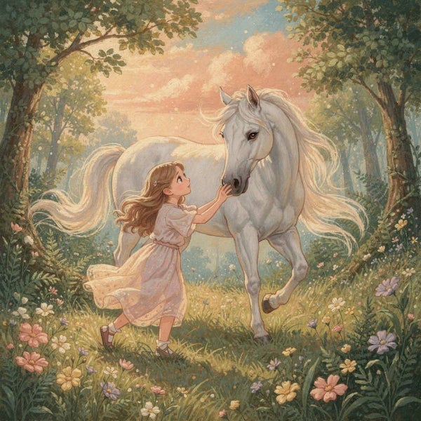 Vriendschap in het bloemenveld – meisje met paard kinderkamer schilderij
