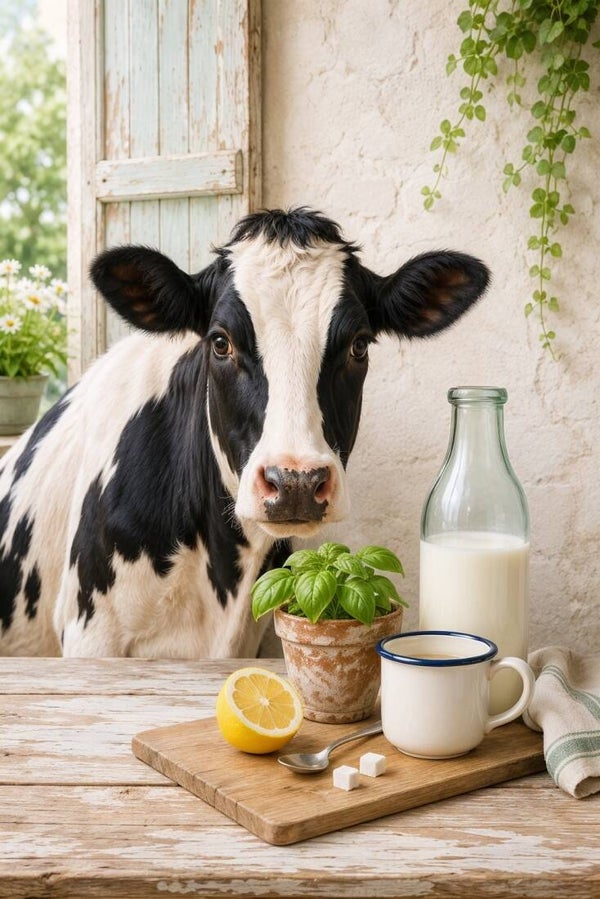 Melk en Basilicum – koe schilderij melk landelijke keuken boerderij
