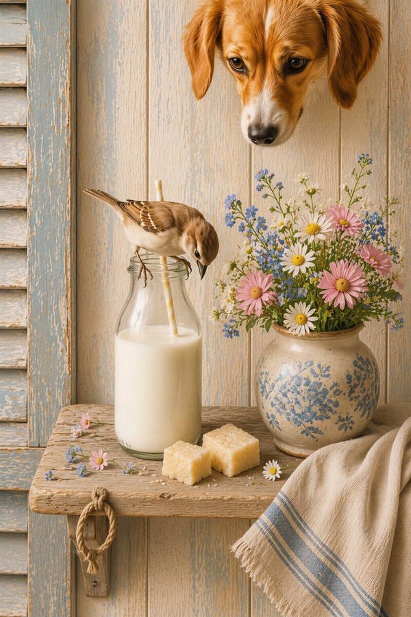 Melk en Nieuwsgierigheid – landelijk schilderij hond mus melkfles bloemen