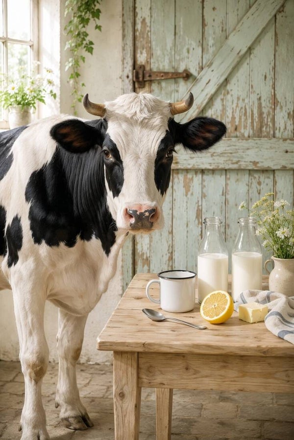 Melkmoment in Stilte – koe schilderij melk landelijke boerderij keuken