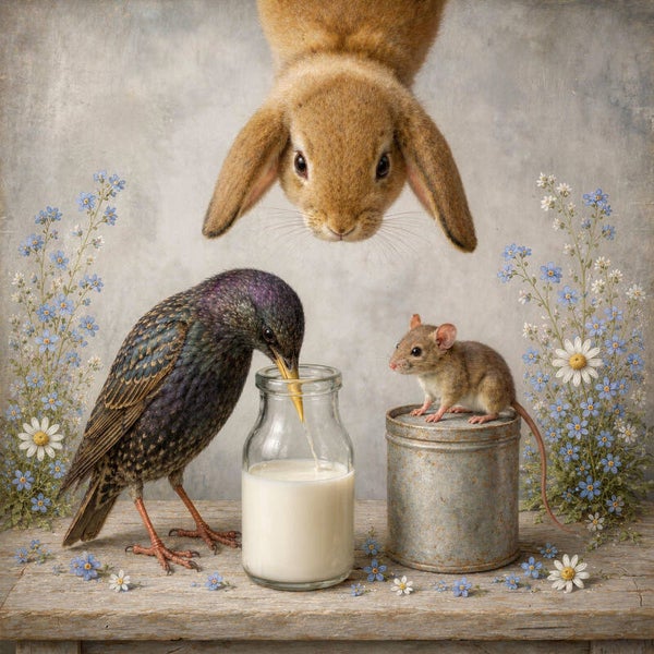 Melkrovers en Morgenlicht – landelijk schilderij met konijn, muis en spreeuw