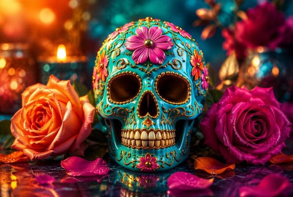 Rozen van de Nacht – Kleurrijk schilderij met Mexicaanse schedel