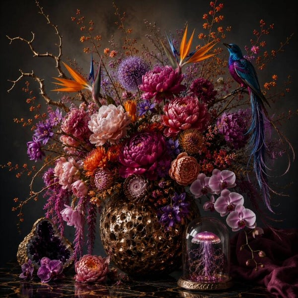 Middernachtjuweel – Bloemen schilderij met paradijsvogel en lichtgevende kwal