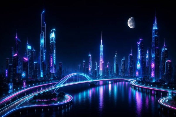 Midnight Metropolis – futuristische neonstad met brug schilderij
