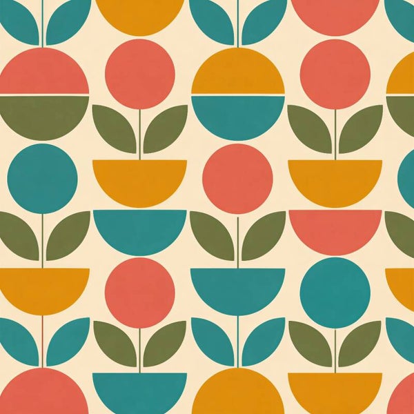 Retro Garden Pattern – modern abstract schilderij met geometrische bloemen en bladeren