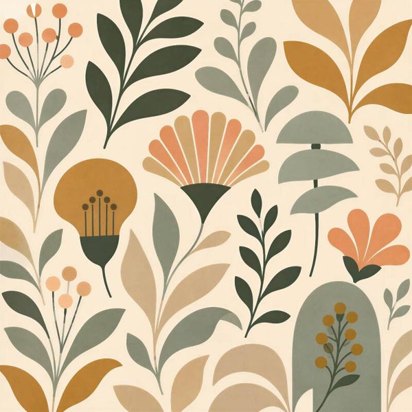 Retro Botanical Harmony – vintage abstract schilderij met organische bloemen en bogen