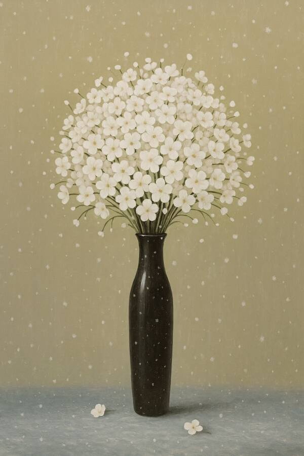 Witte stilte – minimalistisch bloemenschilderij met donkere vaas