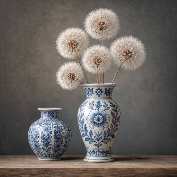 Fluisterzaad van Delft – minimalistisch schilderij met paardenbloemen en Delfts blauw