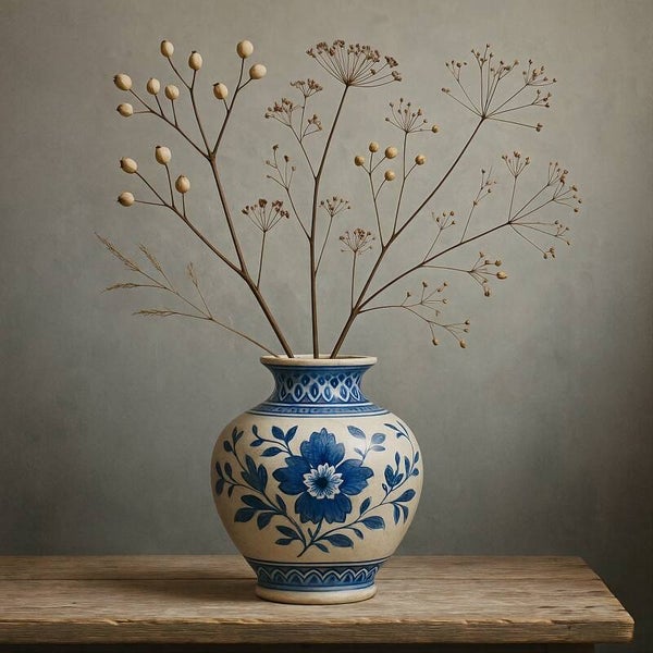 Minimalistisch Landelijk Delfts Blauw – schilderij met vaas en takken
