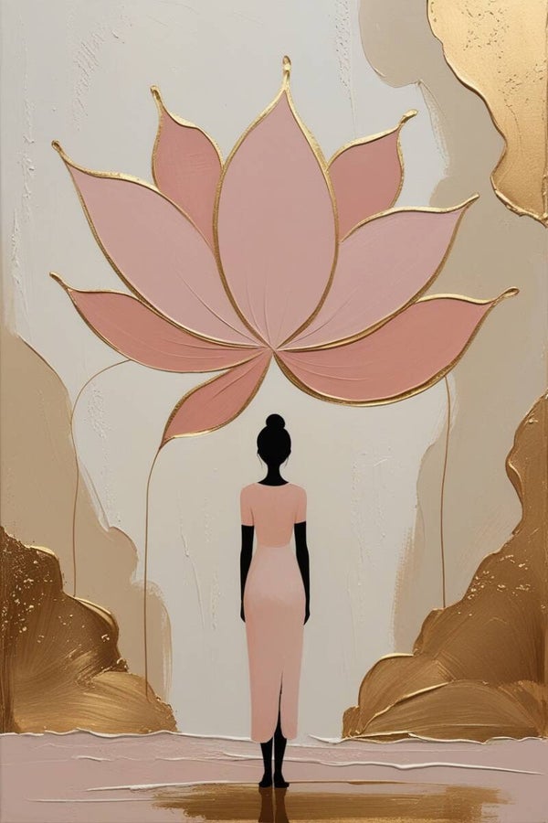 Stilte van de Lotus – vrouw schilderij met bloem in roze en goud