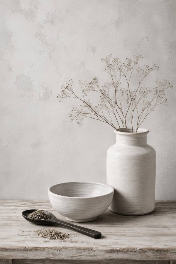 Pure Eenvoud – modern landelijk schilderij met witte vaas