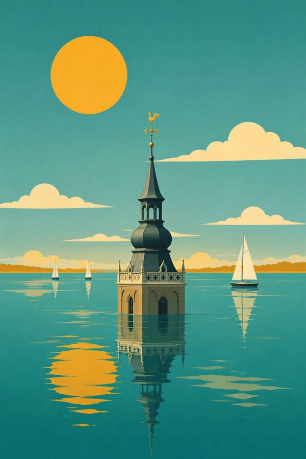 Zon boven de Stilte – retro zee toren illustratie minimalistisch water zon