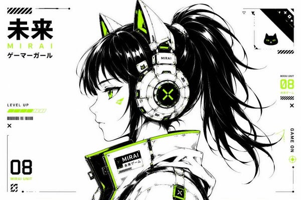 Mirai Unit 08 - Anime Gamer Girl Schilderij in Zwart Wit en Gifgroen