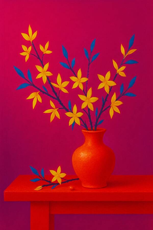 Vuurvaas – modern bloemenschilderij in rood, geel en blauw