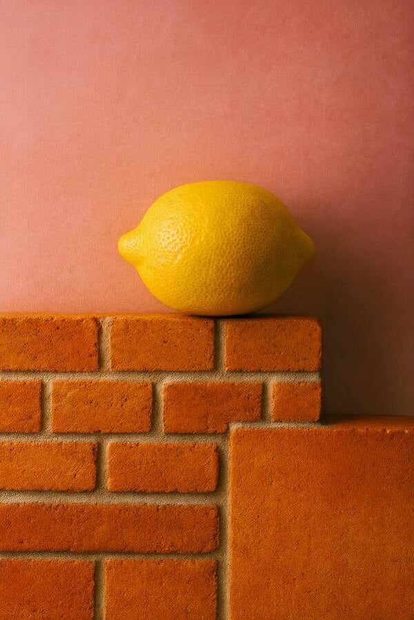 Citrus Geometry – moderne abstracte citroen op baksteen