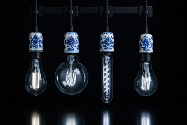 Modern Delfts blauw schilderij – industriële lampen met porselein