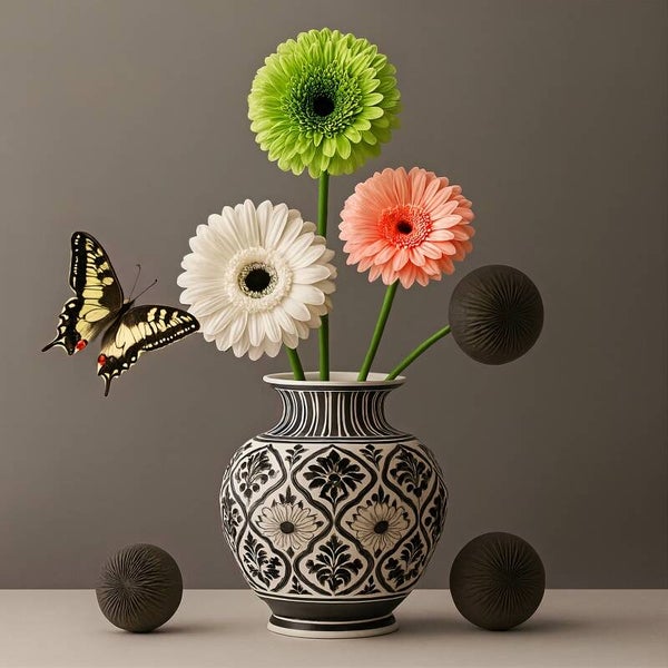 Modern Delfts blauw schilderij – zwarte vaas met bloemen