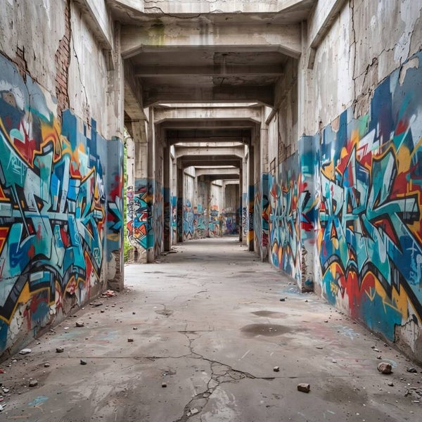 Tussen Beton en Kleur – Modern industrieel schilderij met graffiti