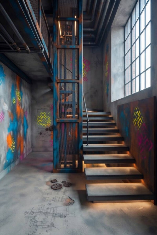 Verdieping in Kleur – Modern industrieel schilderij met verlichte trap
